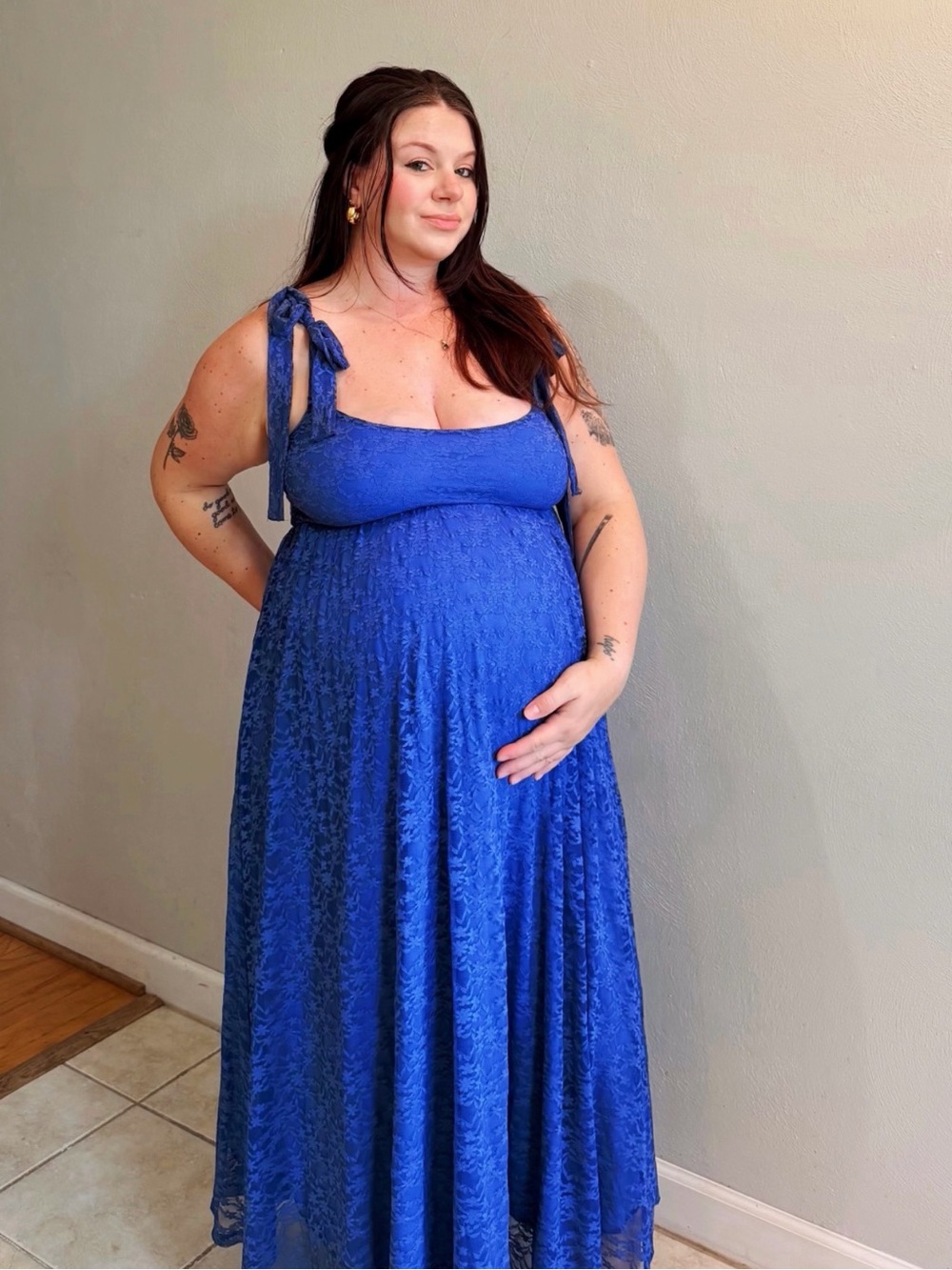 PinkBlush Maternity Blue Sleeveless Lace Maxi Dress